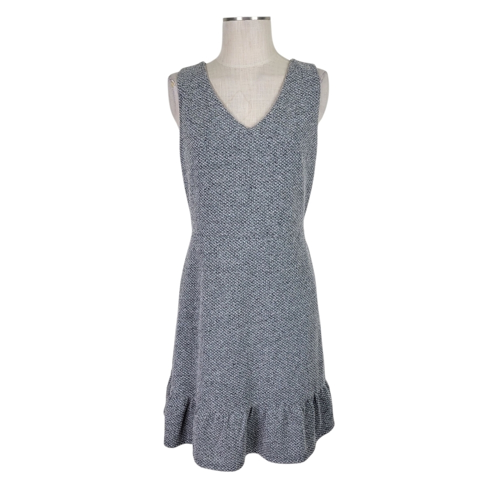 Loft Dress Size 12 Black White Flounce Hem V Neck Sleeveless Textured Back Zip - Picture 2 of 9